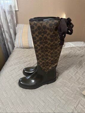 Coach Brown Signature Pattern Tall Rain Boots with Ribbon Back